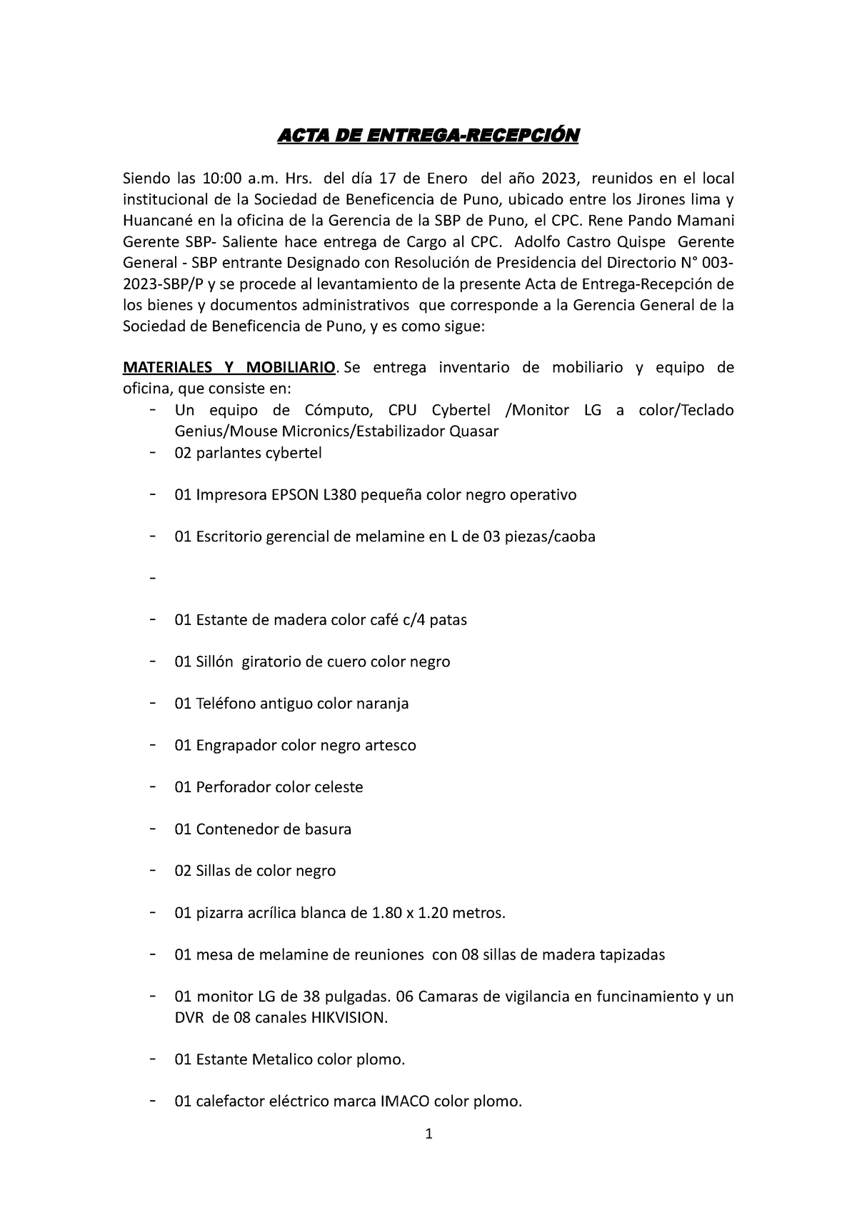 Acta Entrega 2019 Sbp Asd Acta De Entrega RecepciÓn Siendo Las 10