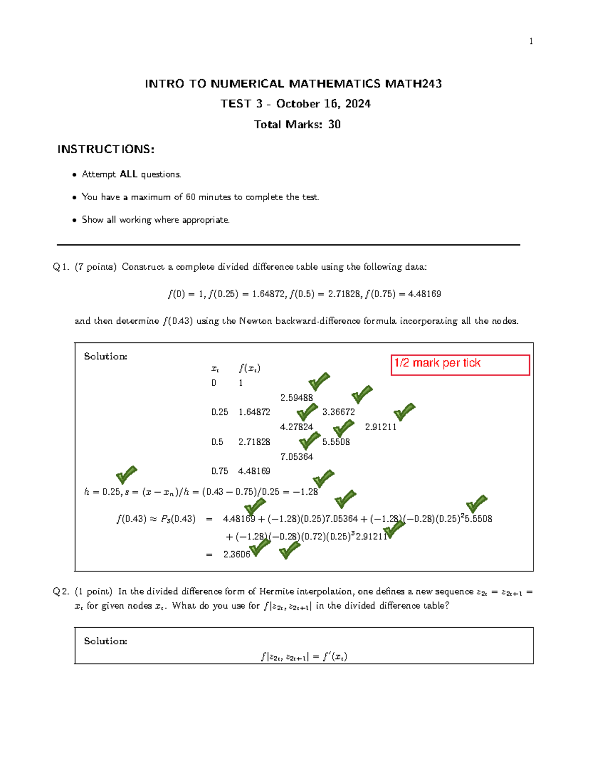 Math243-2024-Test-3 ans marking - 1 INTRO TO NUMERICAL MATHEMATICS MATH ...