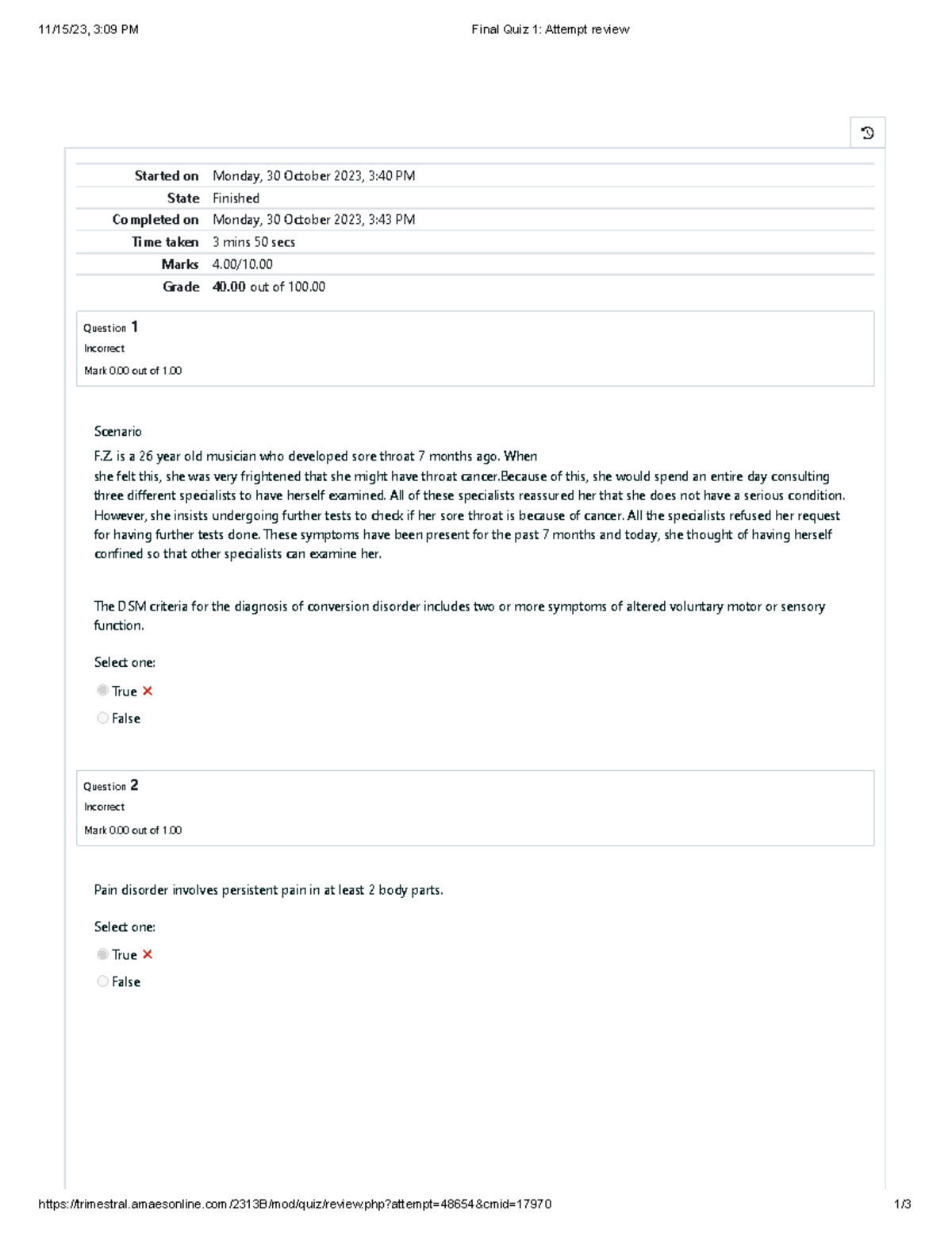 PSYC6302 Final Quiz 1 Attempt review - 11/15/23, 3:09 PM Final Quiz 1 ...
