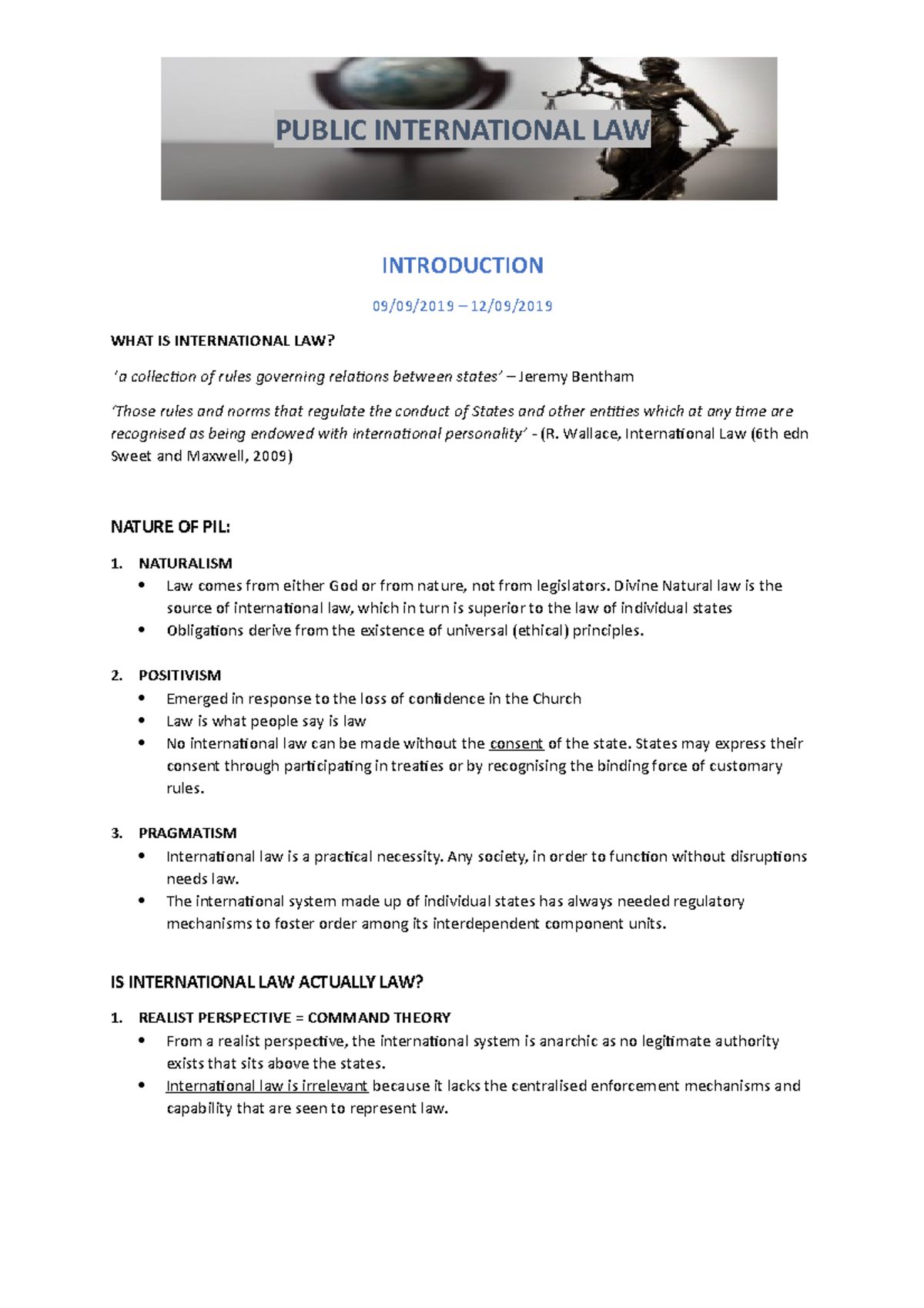 Introduction to PIL - PUBLIC INTERNATIONAL LAW INTRODUCTION 09/09/2019 ...
