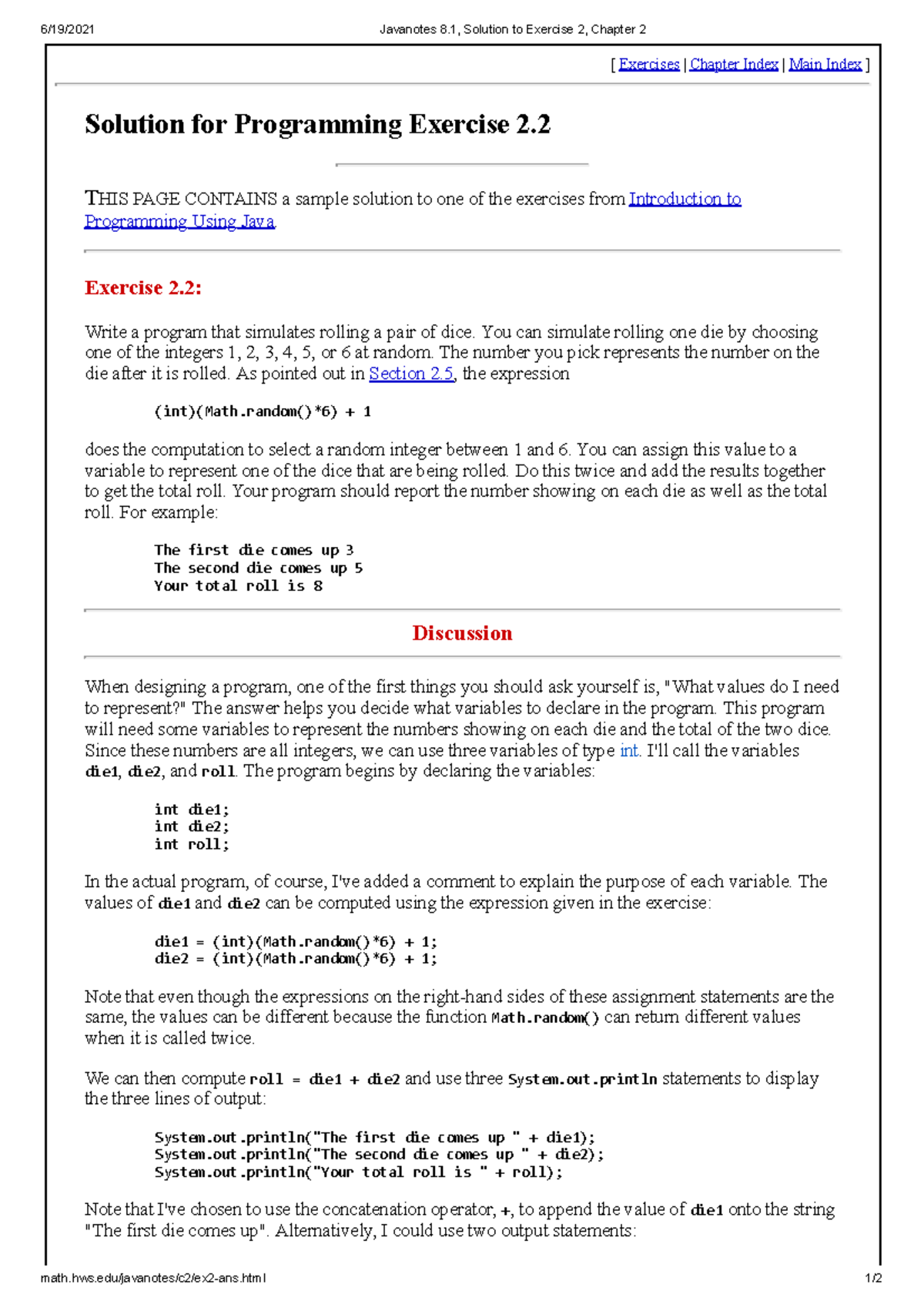 Q1 - Javanotes 8.1, Solution to Exercise 2, Chapter 2 - hws.edu ...