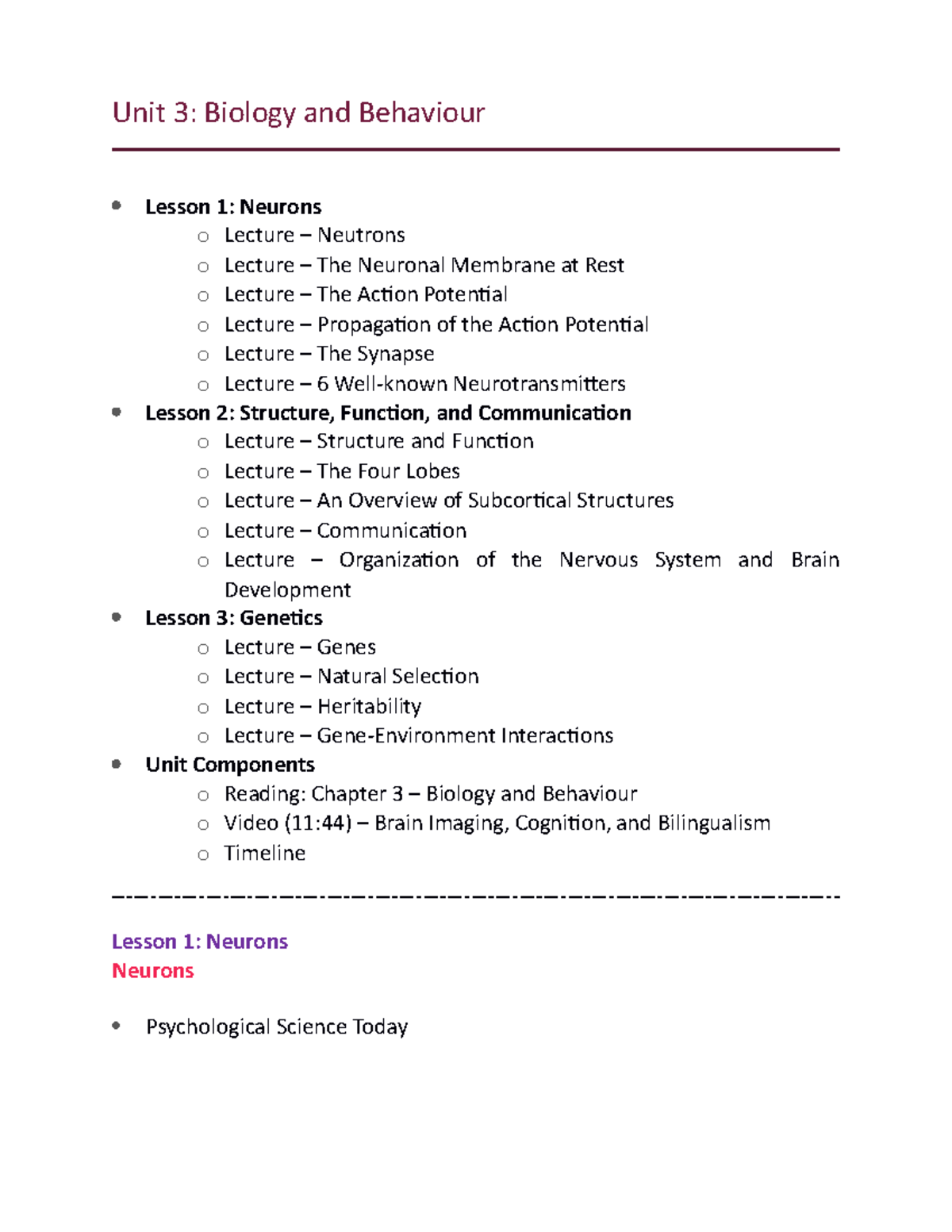 Notes (Unit 3) - Biology And Behaviour - Unit 3: Biology And Behaviour ...