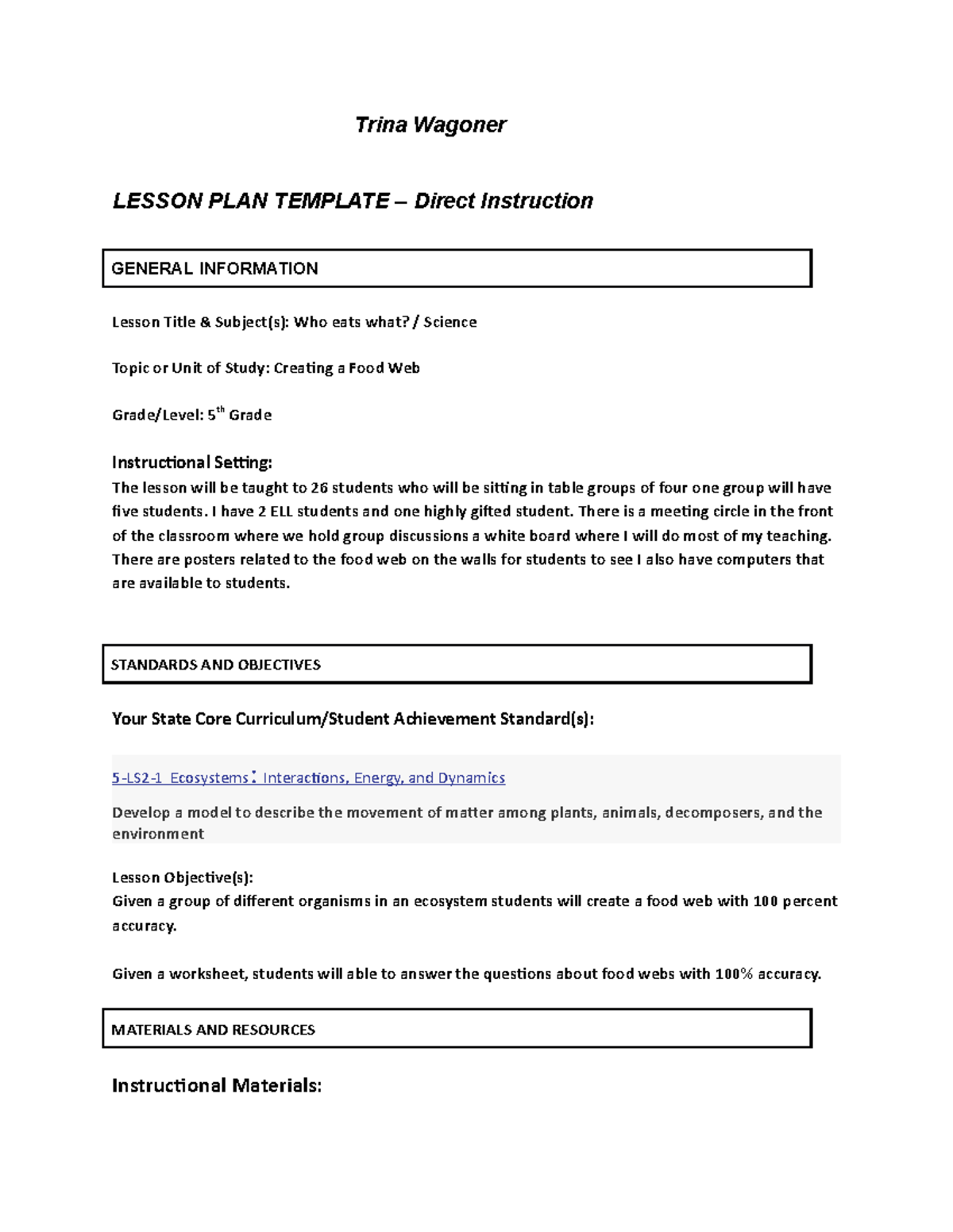 Trina W science methods - Trina Wagoner LESSON PLAN TEMPLATE – Direct ...