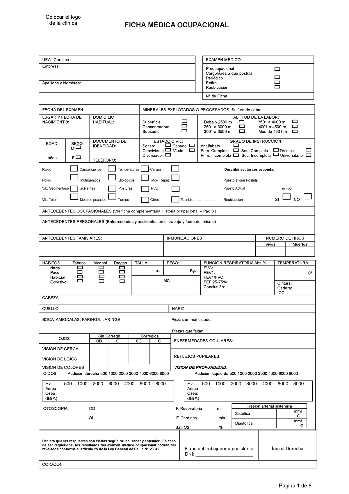 Ficha Medica Ocupacional 230118 De La Clínica Ficha MÉdica Ocupacional Uea Carolina I Examen 