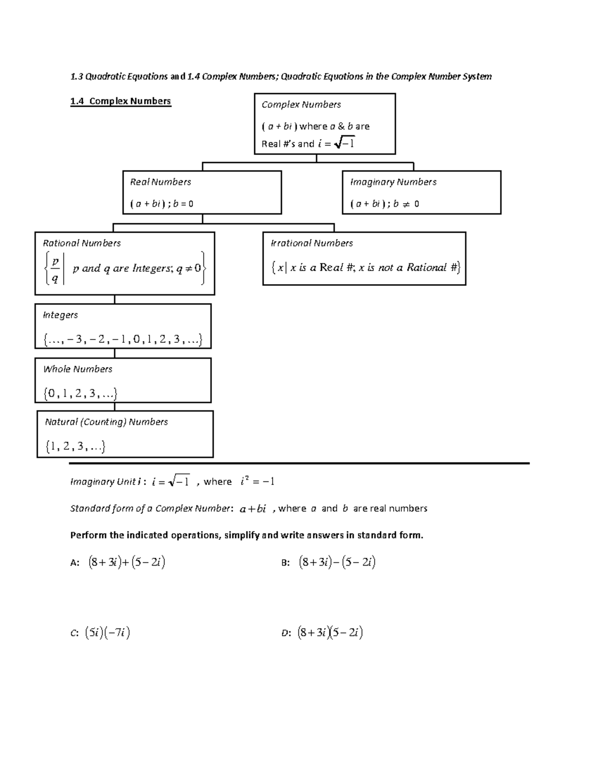 1.3 and 1.4 Class Notes - 1 Quadratic Equations and 1 Complex Numbers ...