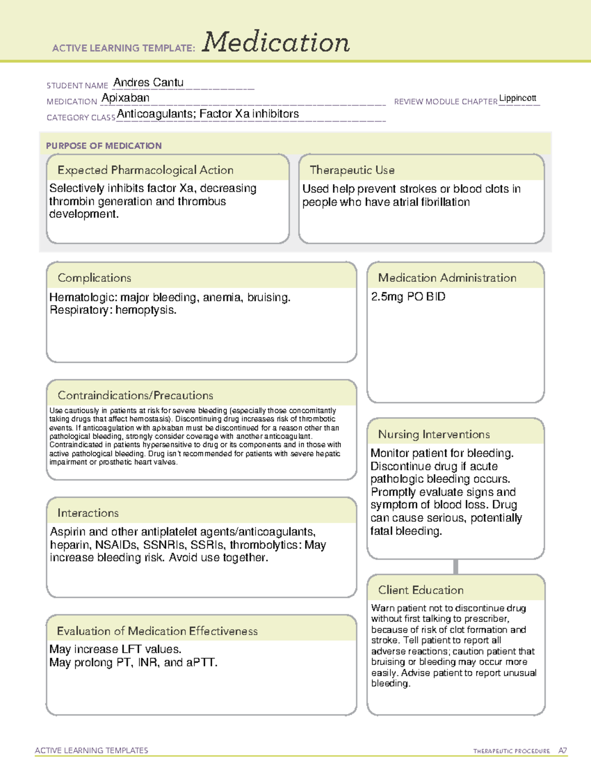 ATI Med Form Apixaban - RNSG 1343 - STC - Studocu