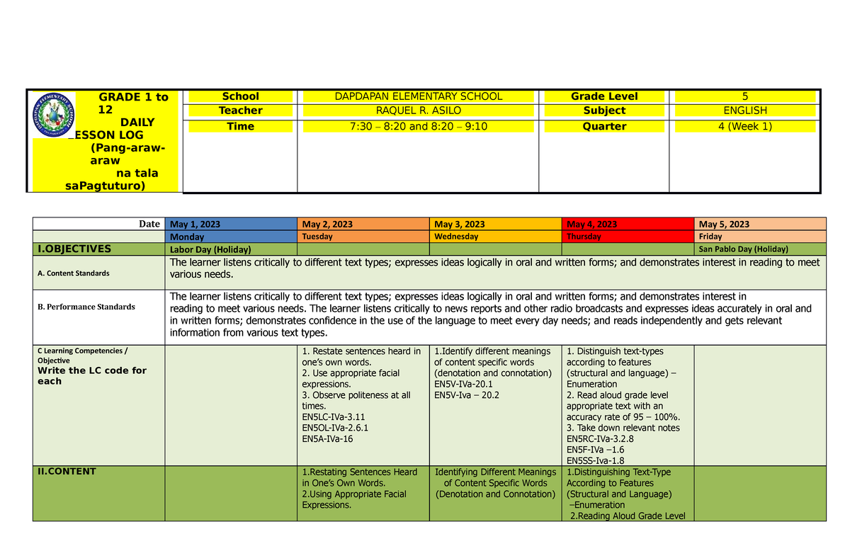 DLL English 5-Q4-Week 1 - GRADE 1 to 12 DAILY LESSON LOG (Pang-araw ...