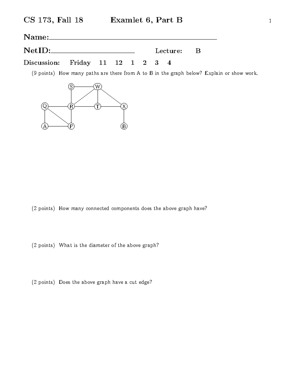 Fall 2018 Examlet 6b - N/a - CS 173 - CS 173, Fall 18 Examlet 6, Part B ...