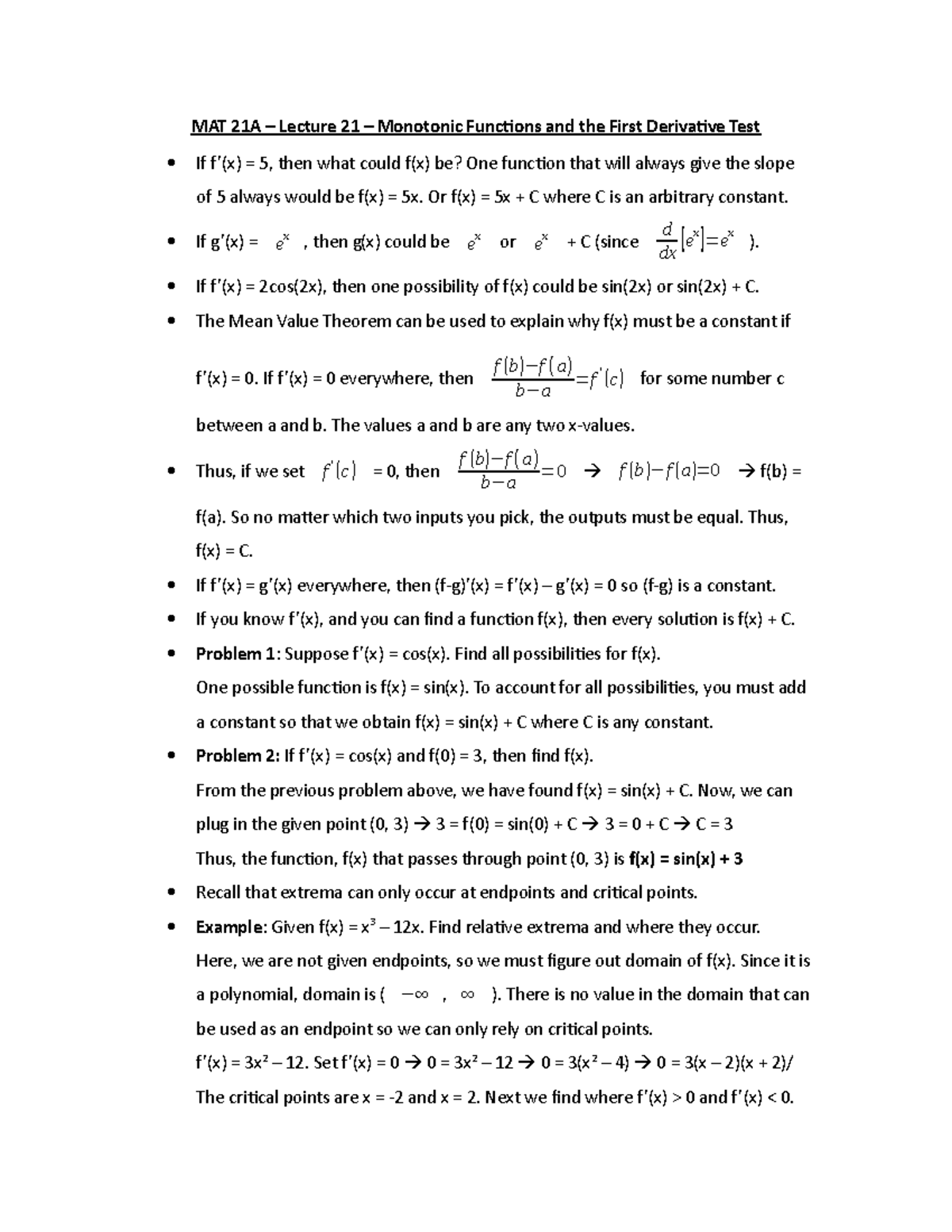 Mat 21a Lecture 21 Monotonic Functions And The First Derivative Test Studocu