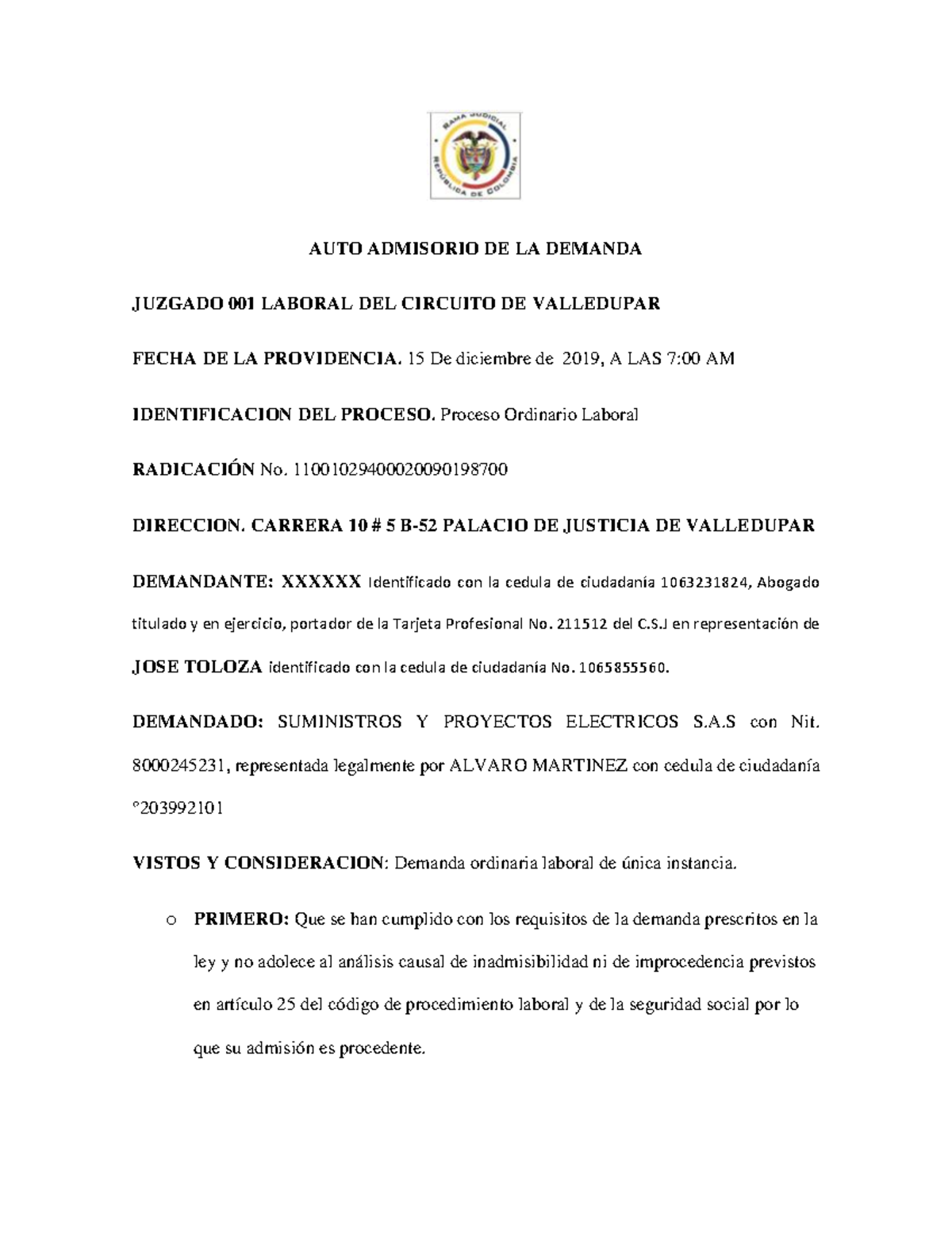 Auto Admisorio De La Demanda Caso No - AUTO ADMISORIO DE LA DEMANDA ...