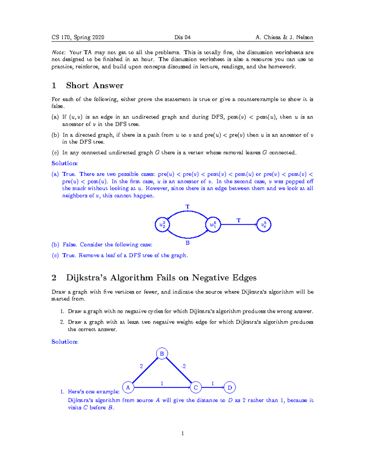 Dis04-sol - Discussion Section Solutions - CS 170, Spring 2020 Dis 04 A ...