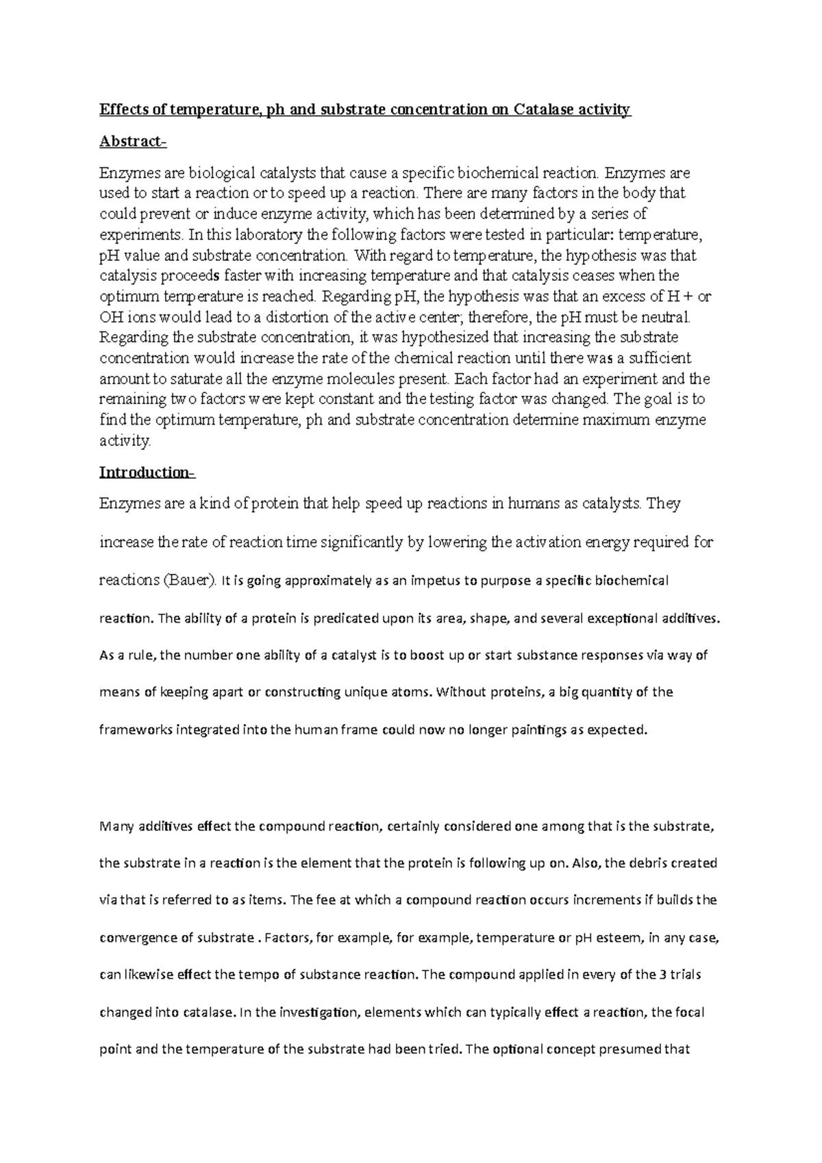 Lab Report Bio101 - Grade: B+ - Effects Of Temperature, Ph And ...