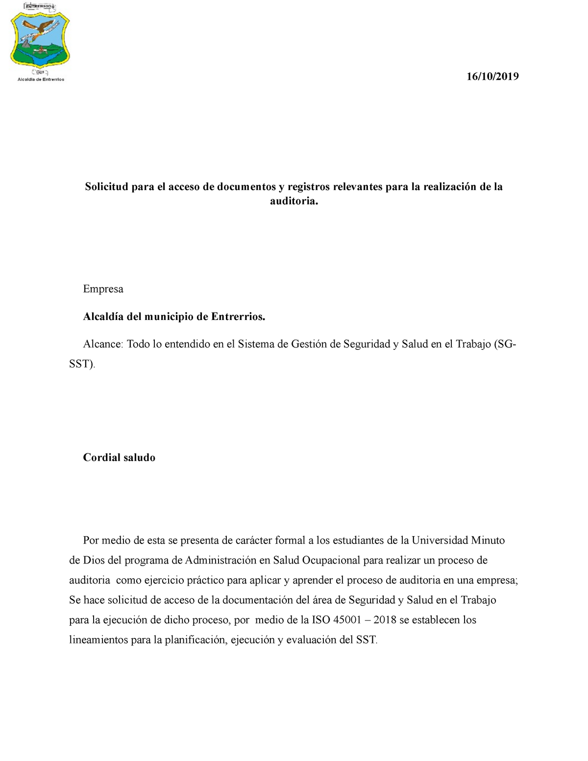 Carta solicitud proceso de auditoria - 16/10/ Solicitud para el acceso de  documentos y registros - Studocu