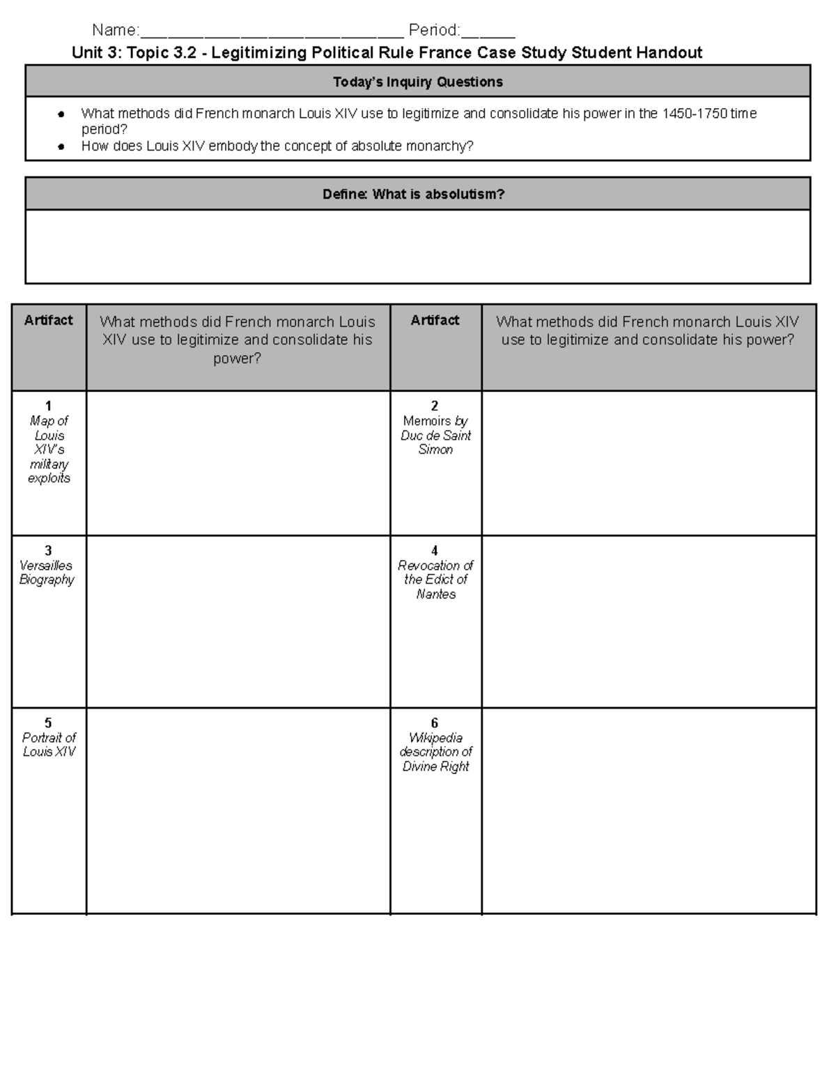 Unit 3: Legitimizing Political Rule France (Student Handout) - Name
