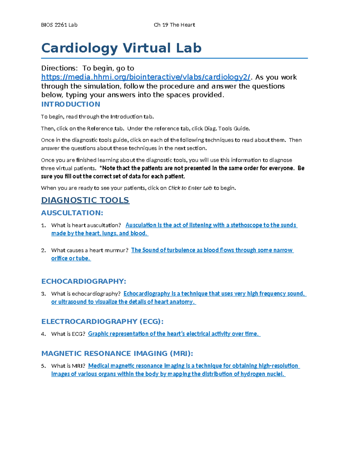 CH19 LAB - n/a - Cardiology Virtual Lab Directions: To begin, go to ...
