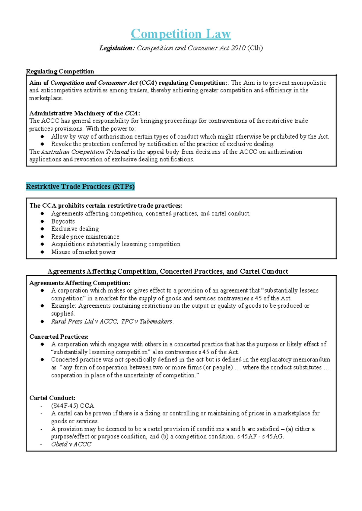 Summary Competition Law - Competition Law Legislation: Competition and ...