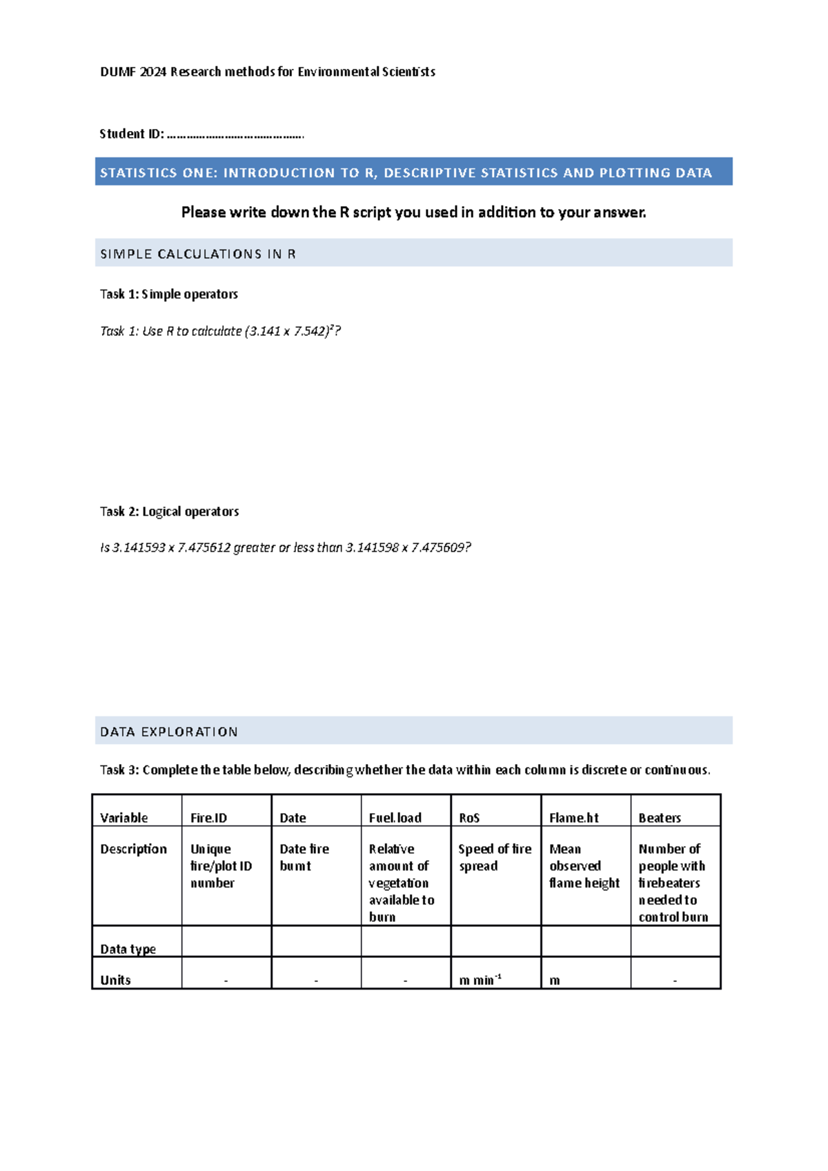 Intro to R worksheet 2020 - DUMF2024 - Studocu