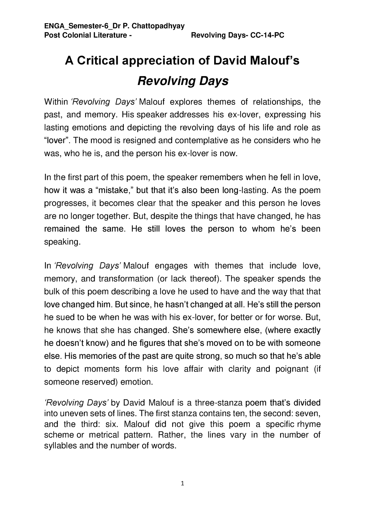 Revolving DAYS David Malouf - Post Colonial Literature - Revolving Days ...