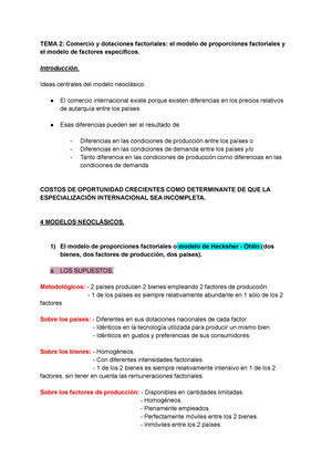 Tema 2 comercio internacional - TEMA 2: Comercio y dotaciones factoriales:  el modelo de proporciones - Studocu