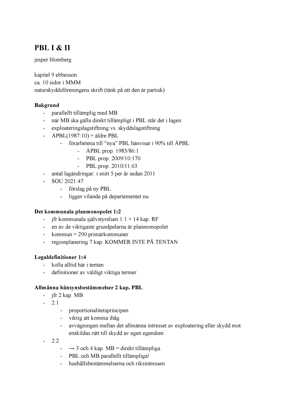 Anteckningar Föreläsning Plan-och Bygglagen - PBL I & II Jesper ...