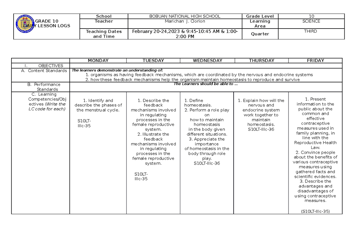 JHS Lesson LOG G-10 Science 1 - GRADE 10 DAILY LESSON LOGS School ...