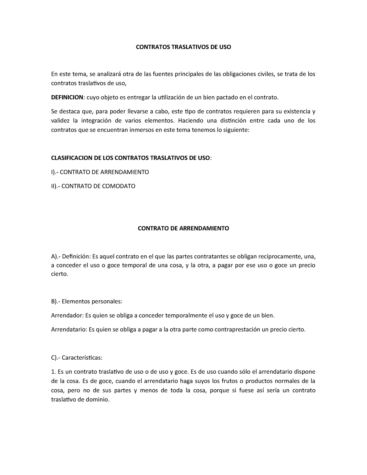 Contratos De Arrendamiento Y Comodato Contratos Traslativos De Uso En Este Tema Se Analizar