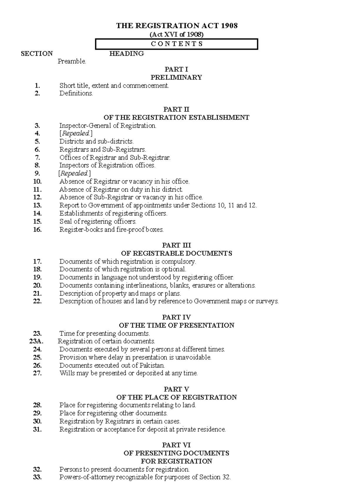 Registration Act and towards THE REGISTRATION ACT 1908 (Act XVI of 1908) C O N T E N T S
