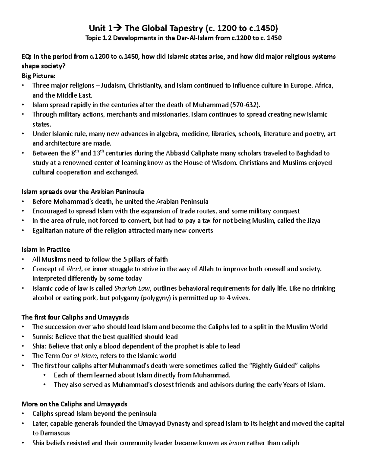 1.2 Student Notes Unit 1 The Global Tapestry (c. 1200 to c) Topic 1