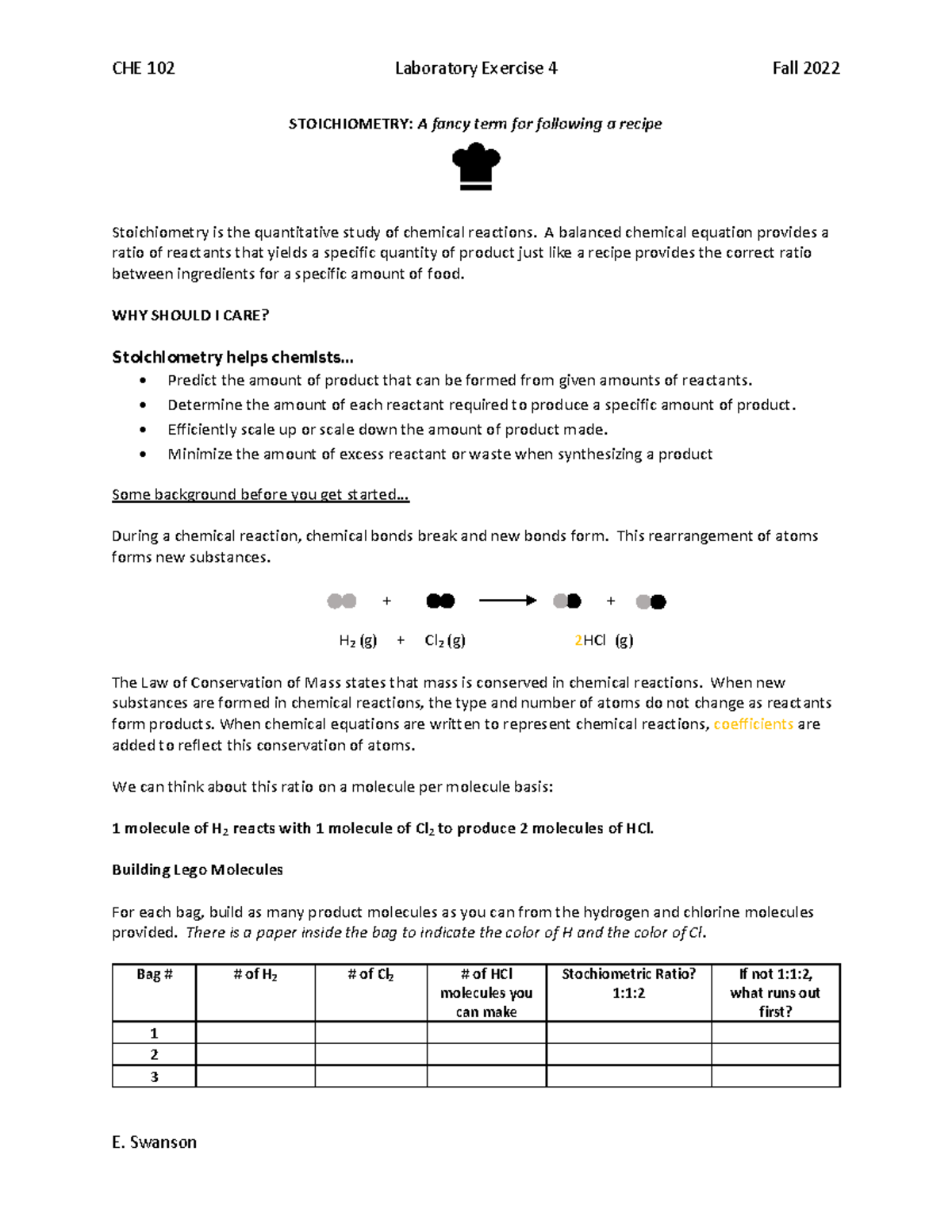 CHE+102+Lab+4 - chem lab 4 - STOICHIOMETRY: A fancy term for following ...