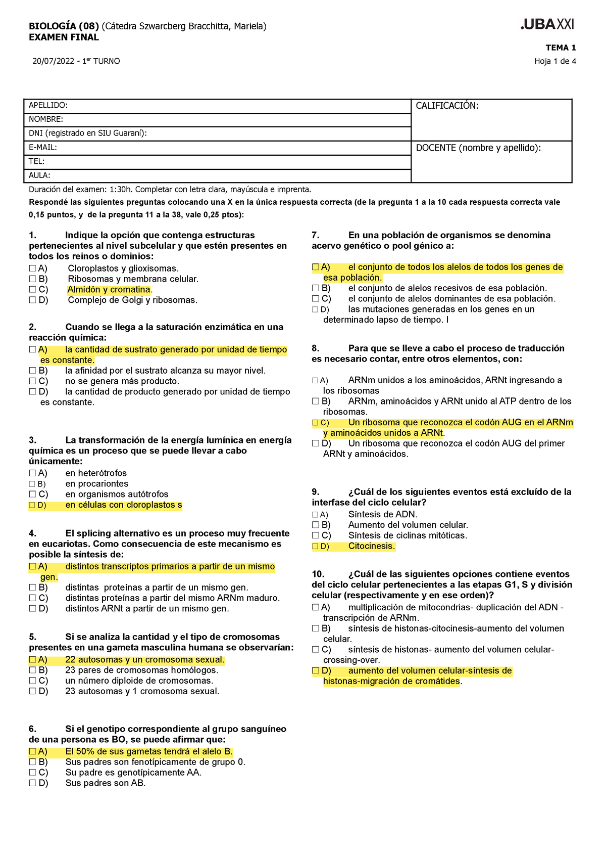 BiologíA TEMA 1 Final - Parcial Biologia Cat 2 - EXAMEN FINAL TEMA 1 20 ...