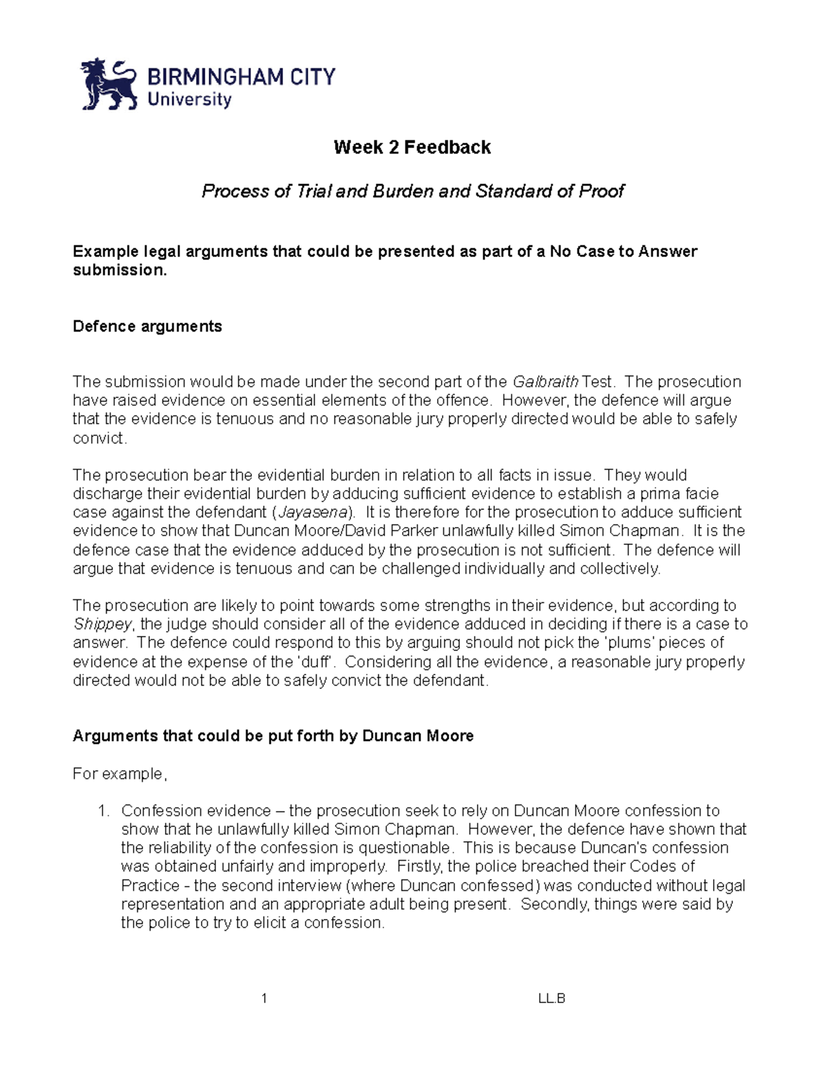Example legal arguments for a No Case to Answer submission Week 2 Feedback Process of Trial