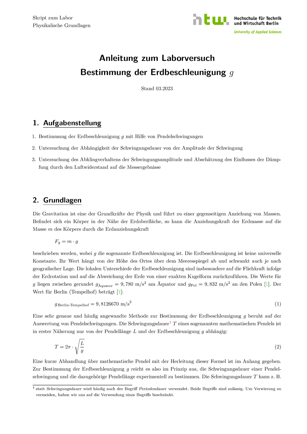 experiment g bestimmen