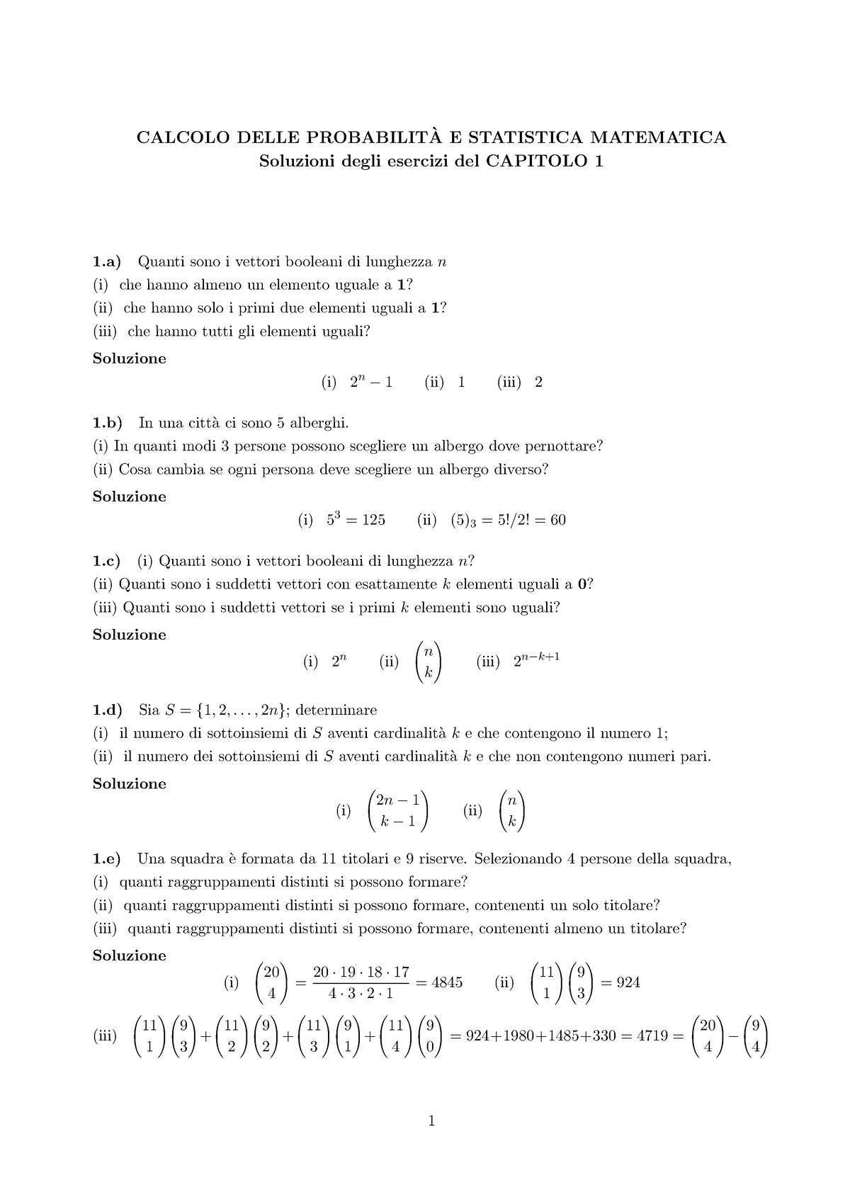 Soluzioni Esercizi 1° Capitolo - CALCOLO DELLE PROBABILITA E STATISTICA ...