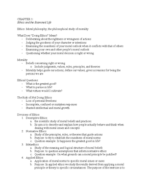 Ethics - Chapters 1-5 - CHAPTER 1: Ethics And The Examined Life Ethics ...