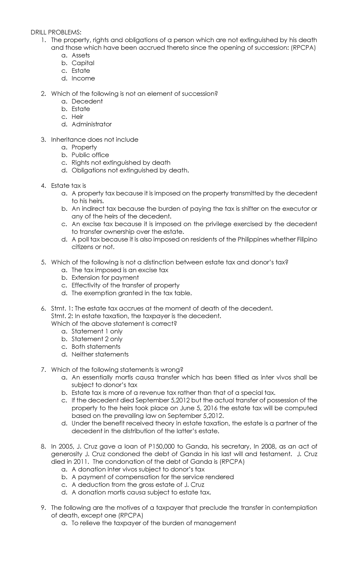 Estate Tax na walang sagot - DRILL PROBLEMS: The property, rights and ...