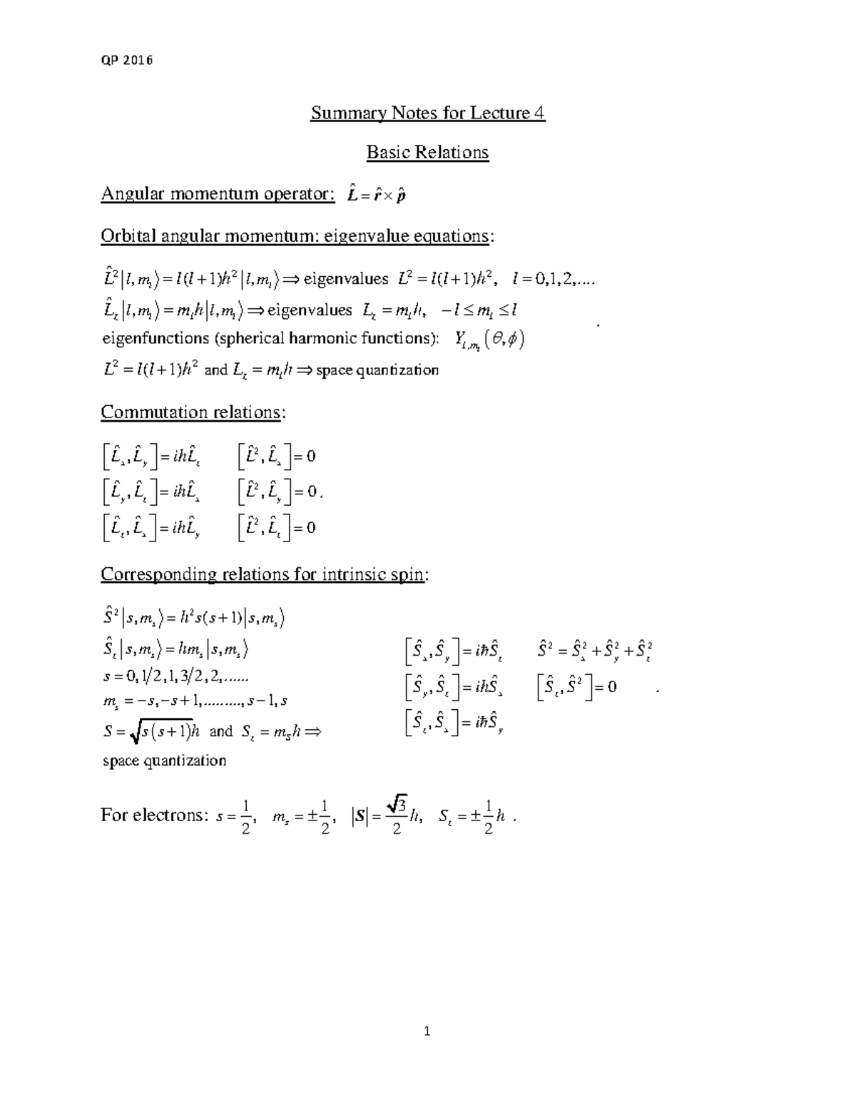 Summary Notes for Lecture 4 - QP 2016 1 Summary Notes for Lecture 4 ...