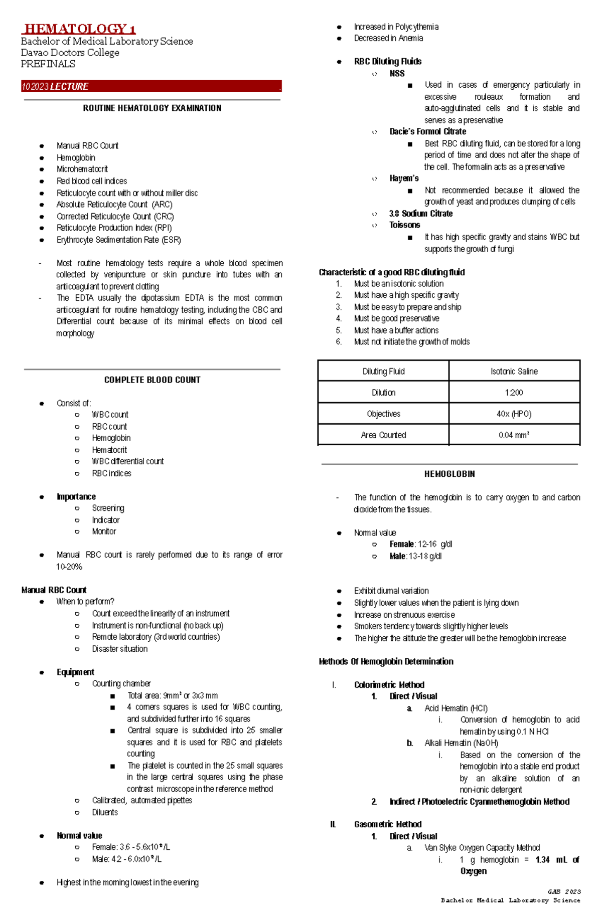 hematology prefinal notes - HEMATOLOGY 1 Bachelor of Medical Laboratory ...