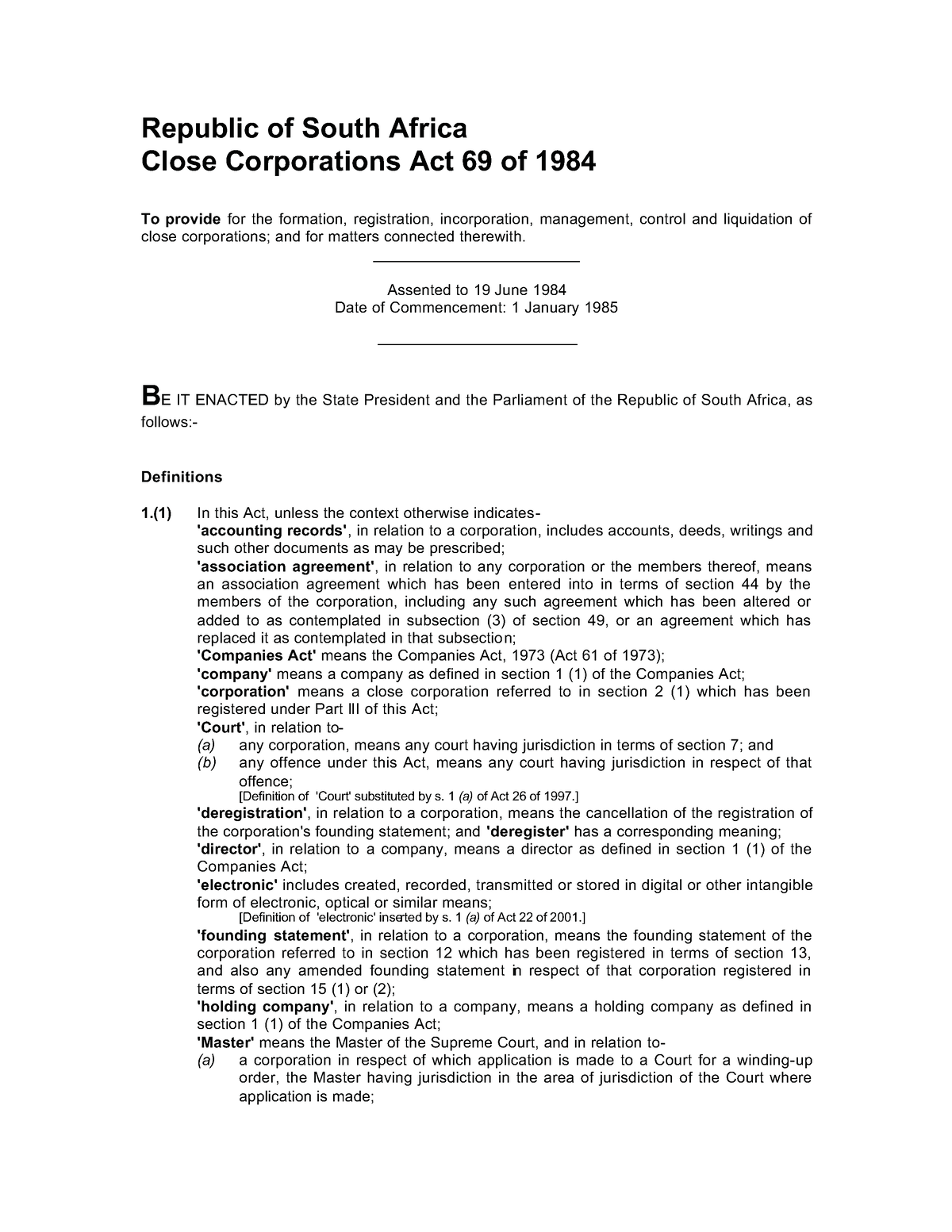 Close Corporations ACT 69 OF 1984 - Republic of South Africa Close ...