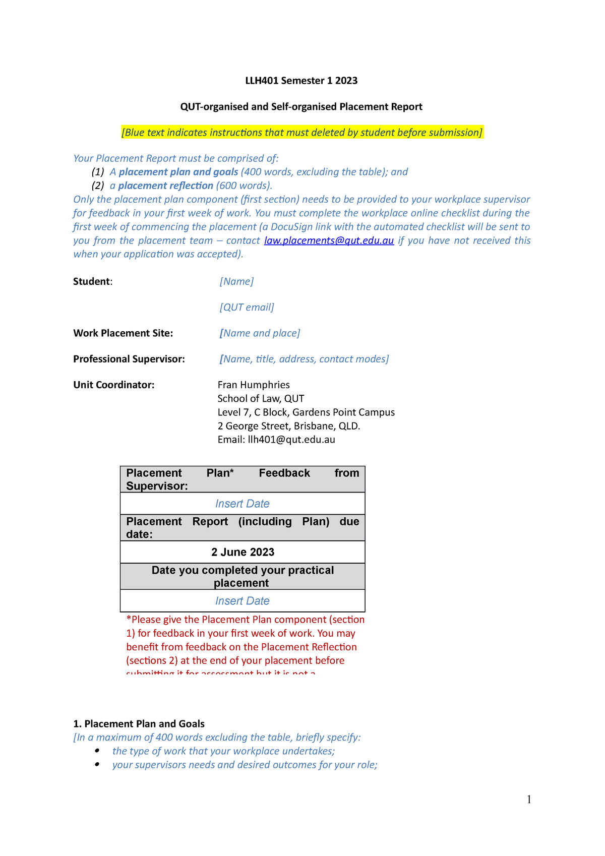 2023 s1 Virtual Placement Report template LLH401 Semester 1 2023 QUT