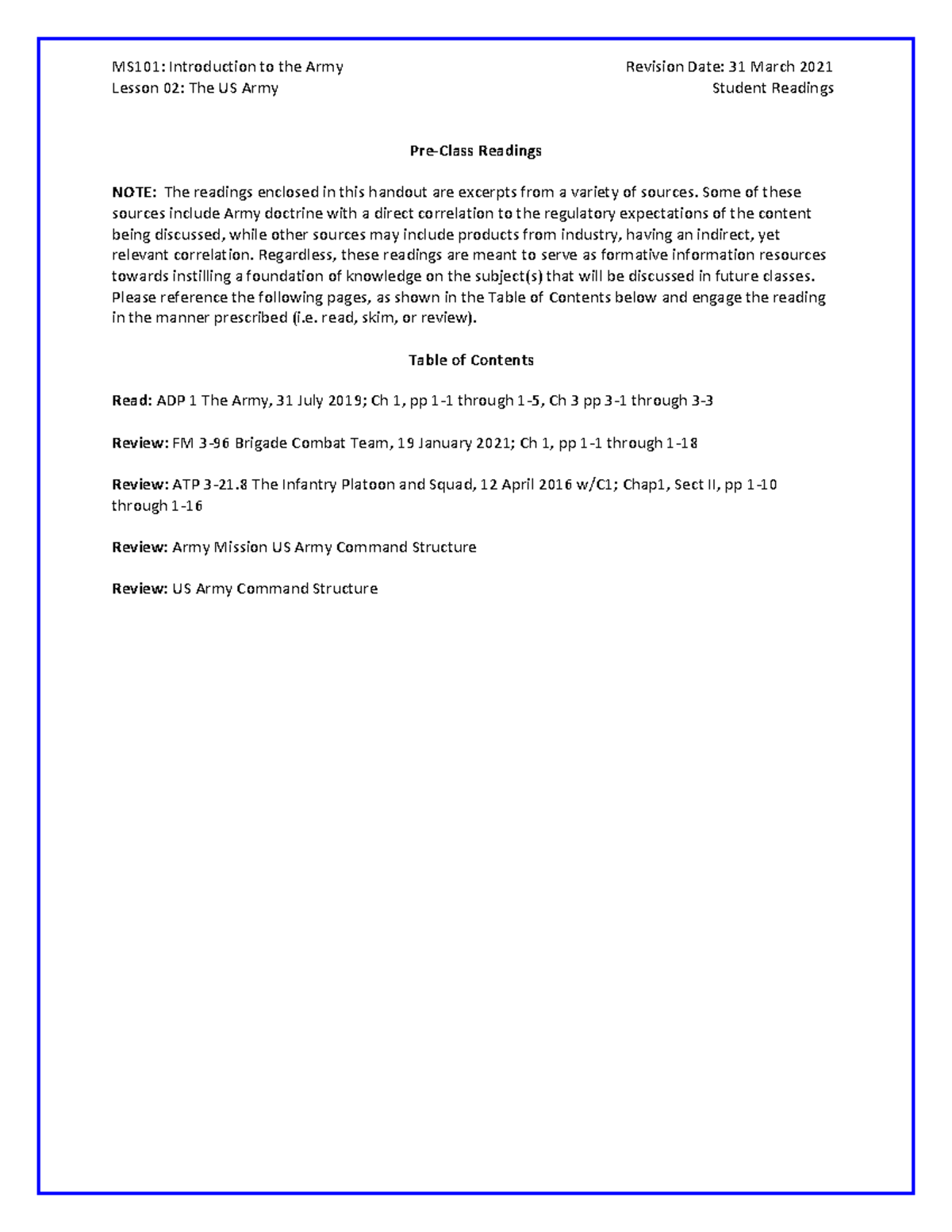 MS101L02 The US Army SR - worksheet filled out - MS101: Introduction to ...