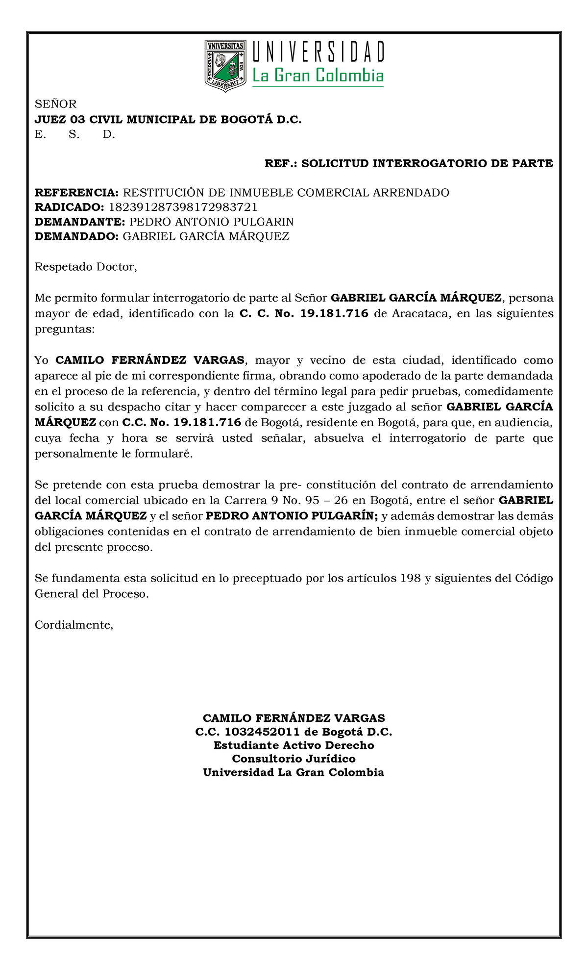 Ejemplo de solicitud de interrogatorio de parte - SEÑOR JUEZ 03 CIVIL  MUNICIPAL DE BOGOTÁ D. E. S. - Studocu