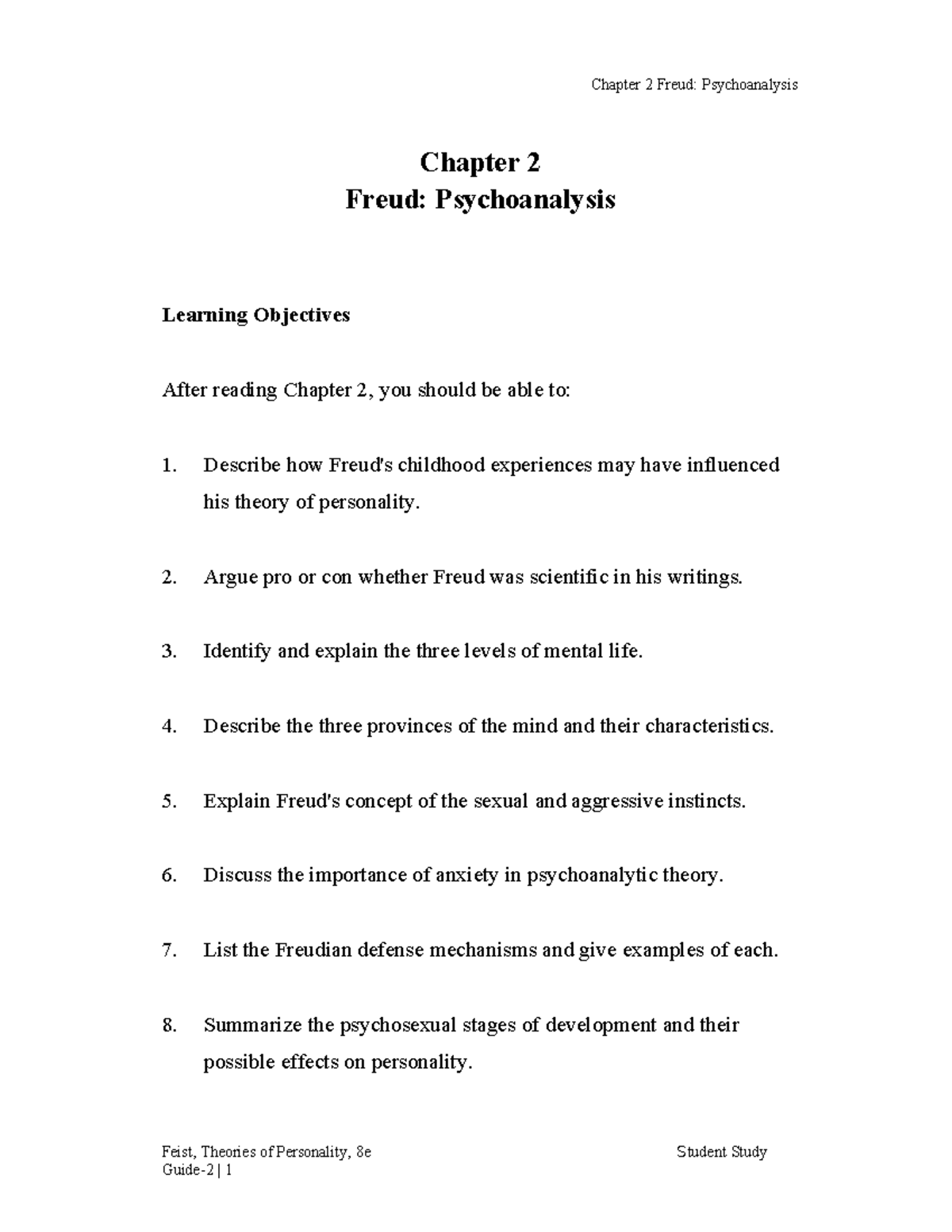 Chapter 2 - freud - Chapter 2 Freud: Psychoanalysis Learning Objectives ...