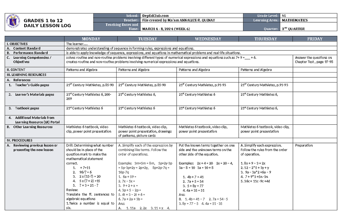 DLL Mathematics 6 Q3 W6 - GRADES 1 To 12 DAILY LESSON LOG School ...