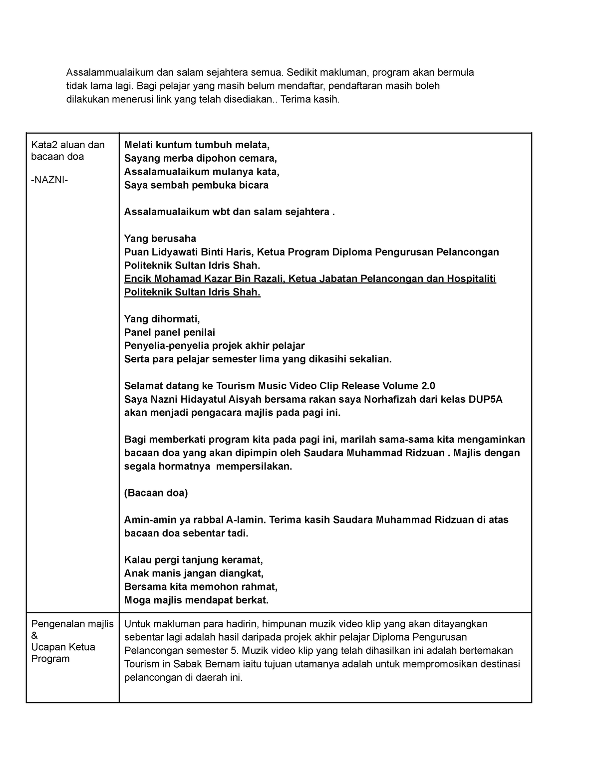 Script Fyp Event 2 Assalammualaikum Dan Salam Sejahtera Semua