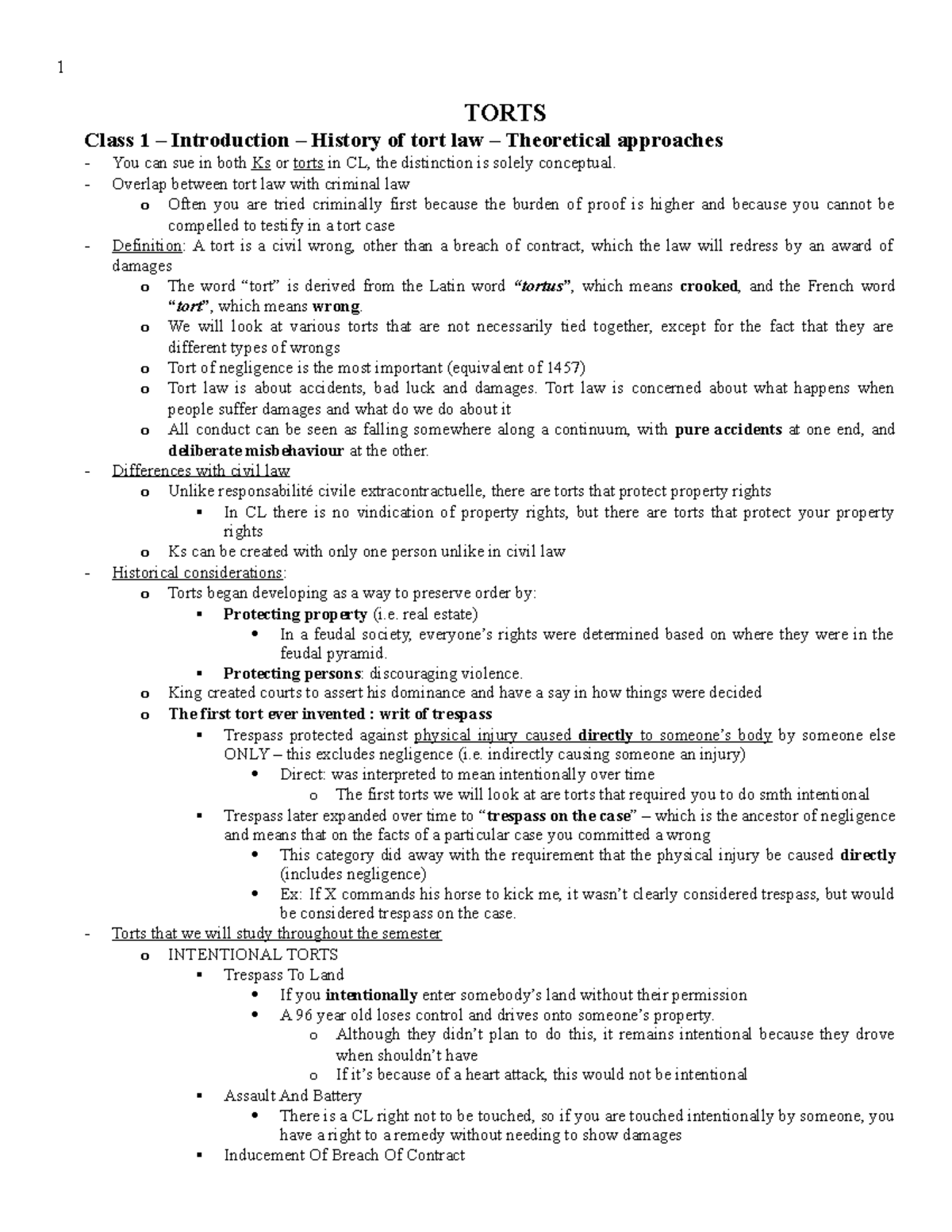 Notes - Torts - tort law note and caselaw included - TORTS Class 1 ...