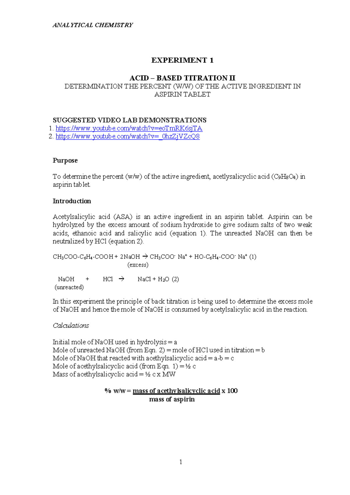 WEEK 3 EXP 1 LAB Manual + Report Sheet - EXPERIMENT 1 ACID – BASED ...