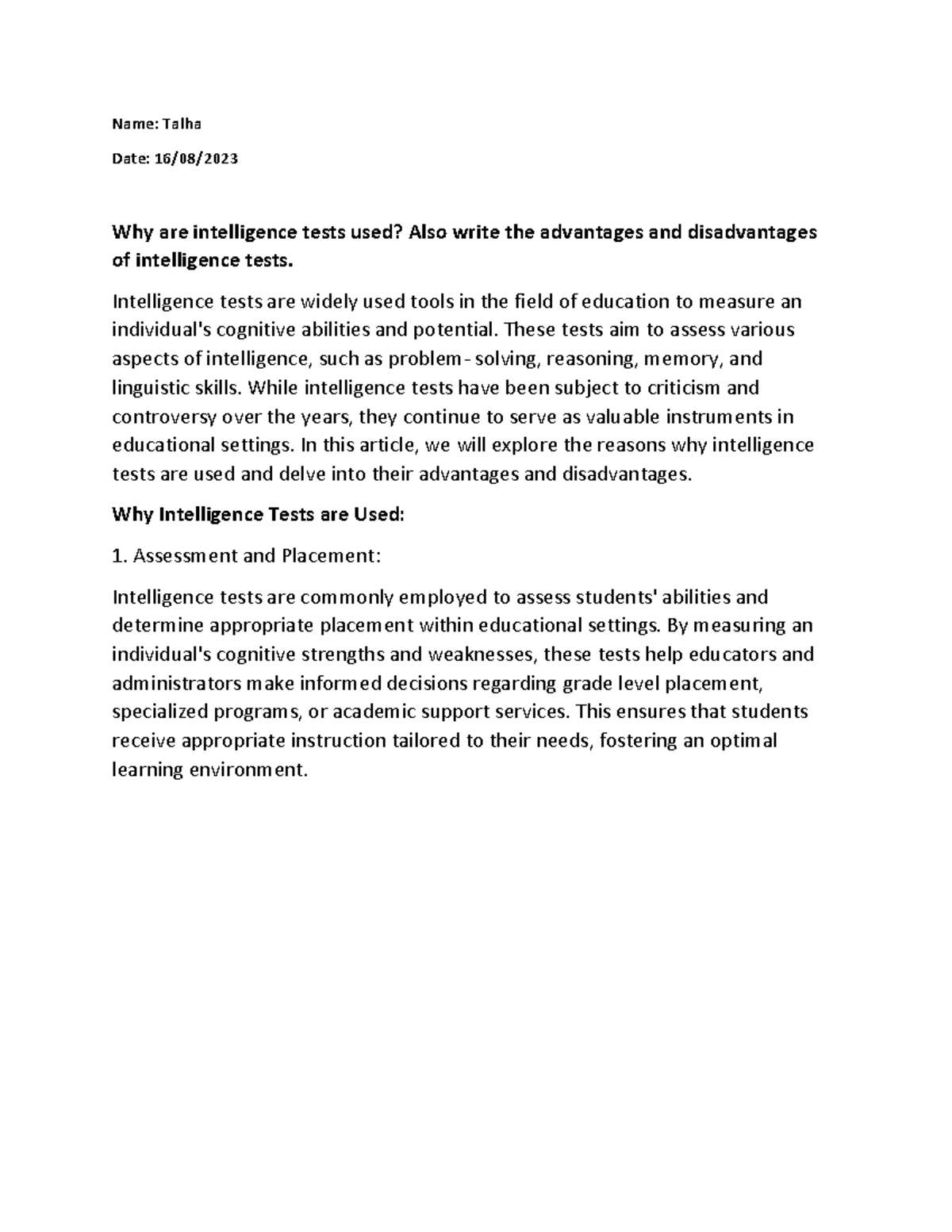Why are intelligence tests used Also write the advantages an ...