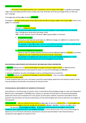 INTRODUCTION TO PSYCHOLOGY - Chapter 1 In the definition of psychology ...