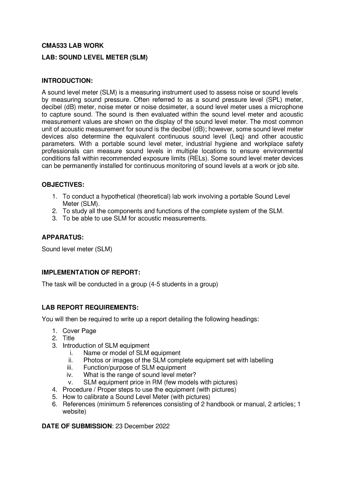 CMA 533 Sound Level Meter Assignment Briefing - CMA533 LAB WORK LAB ...