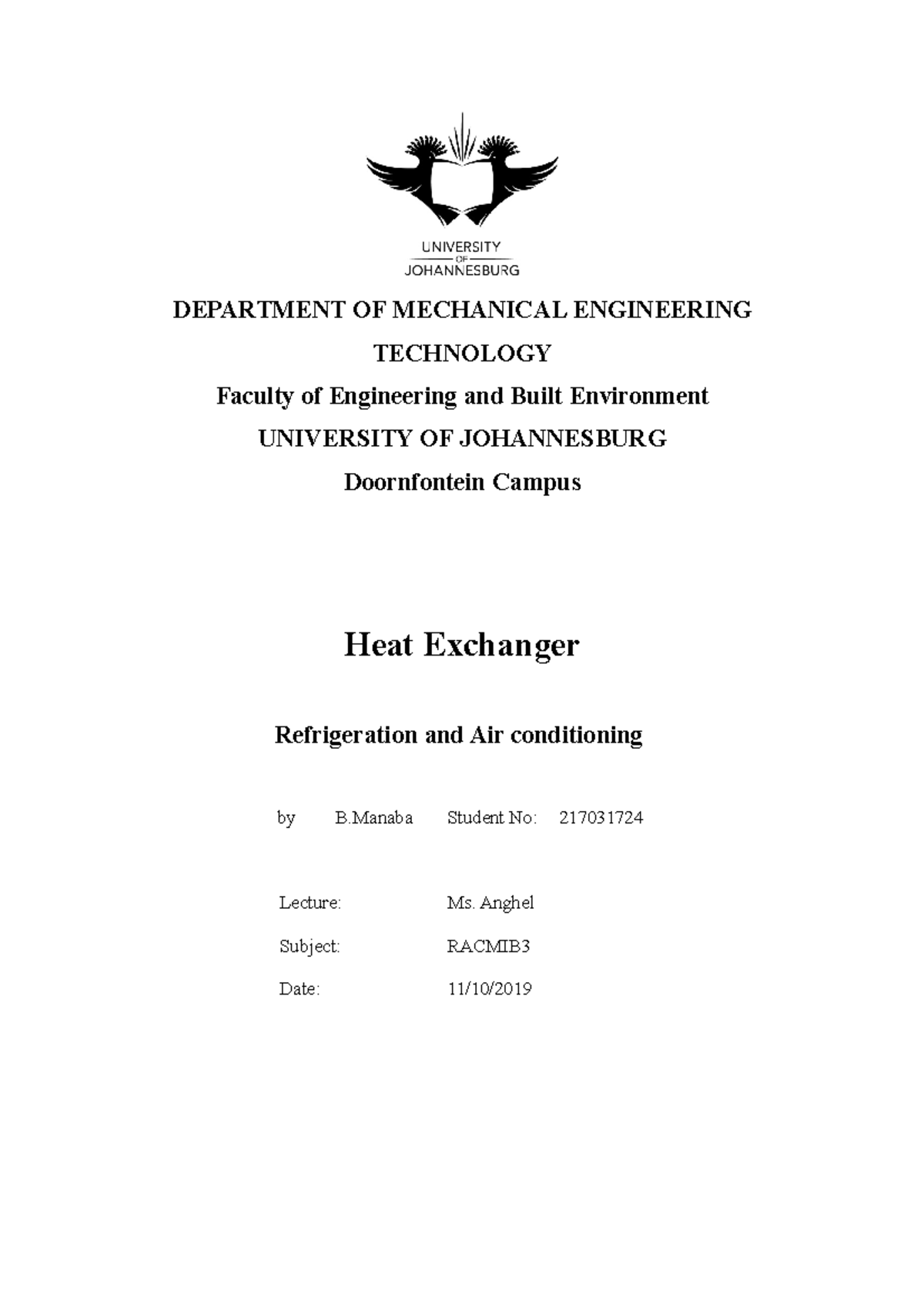 Heat exchanger lab Laboratory Report DEPARTMENT OF MECHANICAL